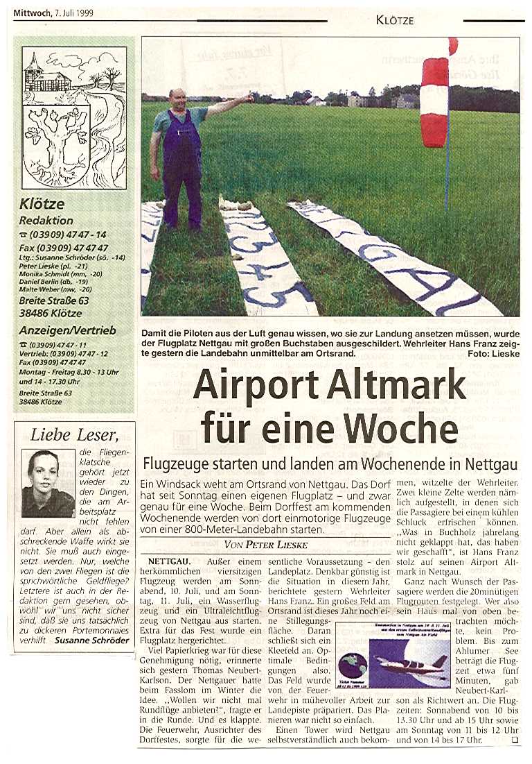 Vorbereitung zum Dorffest in Nettgau. Der Airport Nettgau wurde von der Freiwilligen Feuerwehr Nettgaus hergerichtet. Artikel von Peter Lieske