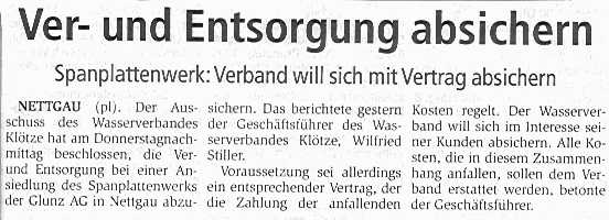 Wasserversorgung für das Spanplattenwerk in Nettgau soll vertraglich gesichert werden. Artikel von Peter Lieske