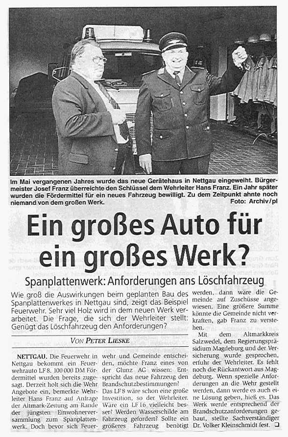 Nettgau, ein großes Auto für ein großes Werk? Spanplattenwerk: Anforderungen ans Löschfahrzeug. Artikel von Peter Lieske.