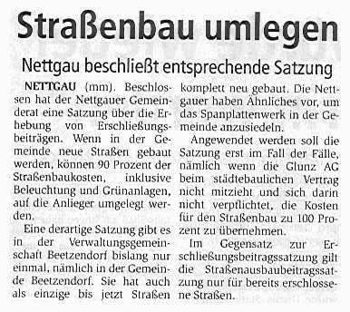 Nettgau, Satzungsbeschluß des Gemeinderates über Erschließungsbeiträge. Artikel von Monika Schmidt