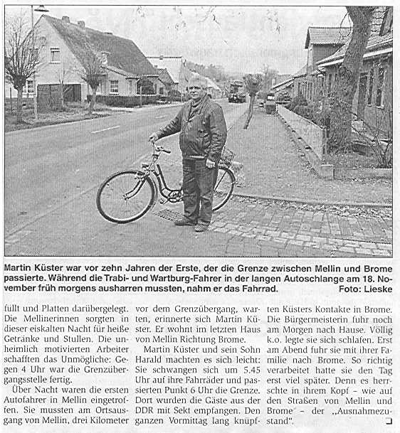 Mellin, Martin Küster passierte als Erster die Grenze nach Brome. Artikel von Peter Lieske