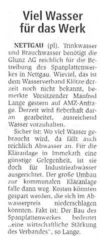 Nettgau, viel Wasser für das Werk der Glunz AG. Artikel von Peter Lieske
