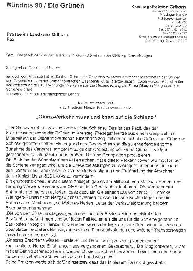 Nettgau, Glunz-Verkehr muss und kann auf die Schiene. Pressemitteilung des Bündnis 90 / die Grünen vom Fraktionsvorsitzenden Fredegar Henze